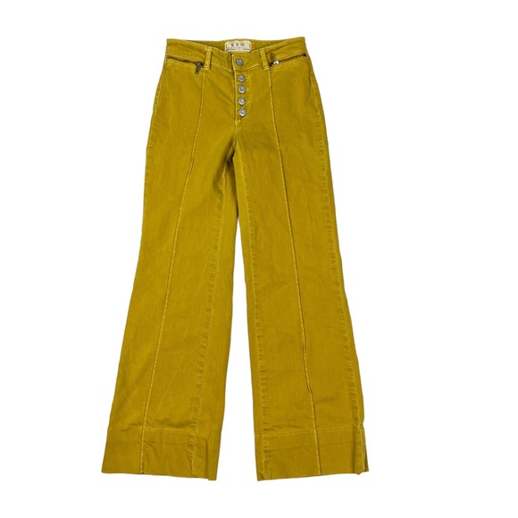 Free People Yellow Exposed Button Fly Run With Me Pintuck Flare Jeans - Picture 2 of 6